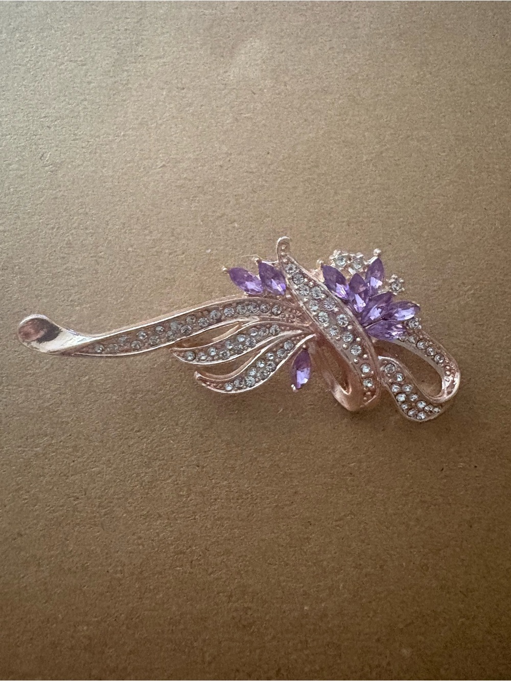 Gold-Tone Floral Brooch with Purple Marquise Crystals